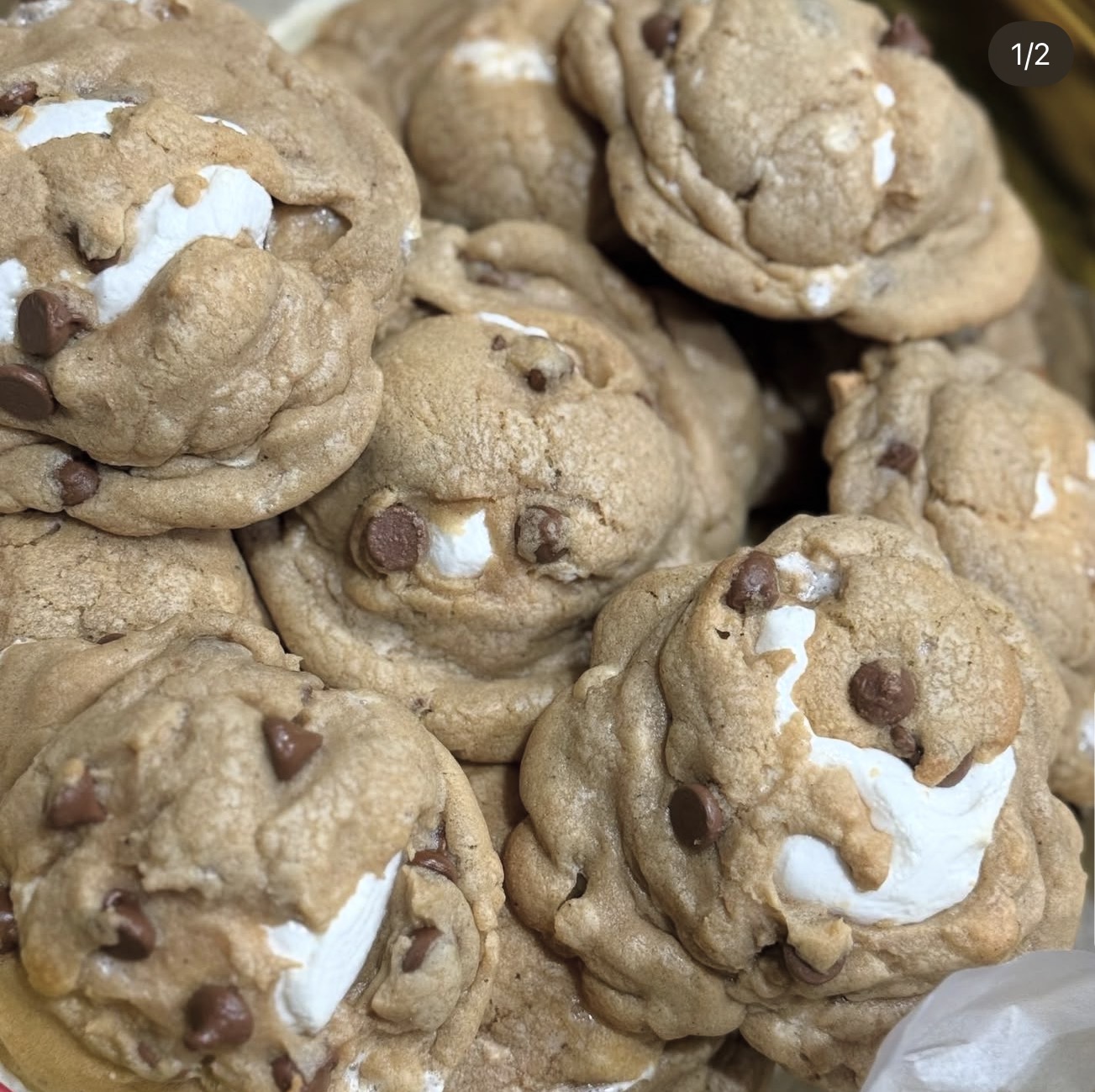 S'mores cookie with marshmallow, chocolate chips, and graham cracker pieces